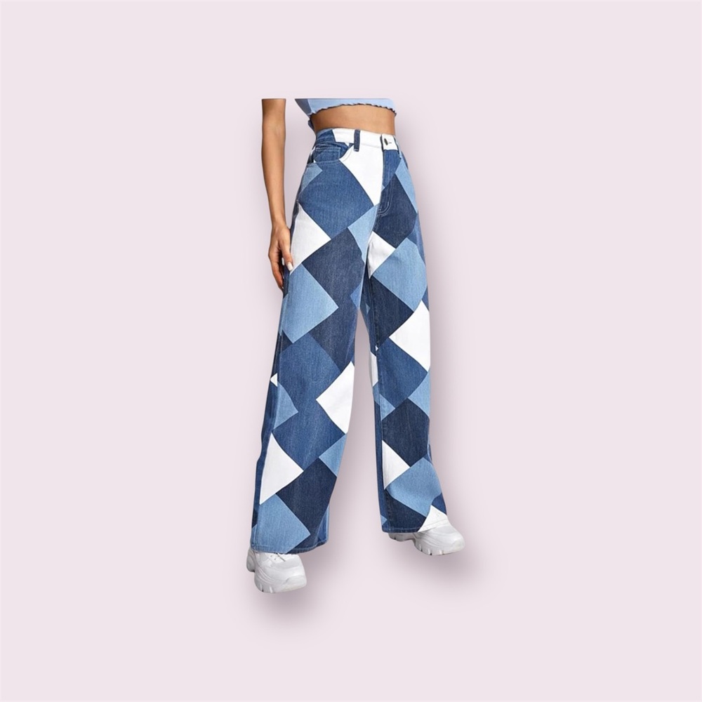 High Waisted Patchwork Pattern Wide-Leg Pants Wom… - image 1